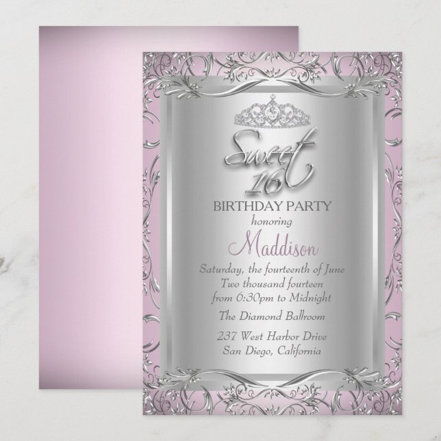 Pink Silver Damask Tiara Sweet 16 Invitation (Front/Back)