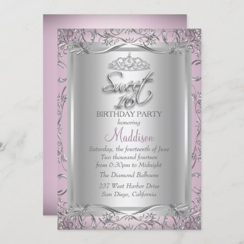 Pink Silver Damask Tiara Sweet 16 Invitation