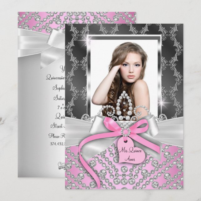 Pink Silver diamond Bow Photo Quinceanera Invite (Front/Back)