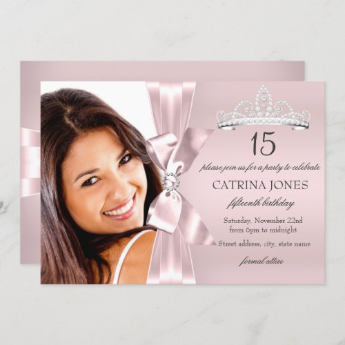 Pink Silver Diamond Bow  Tiara Quinceanera Invite