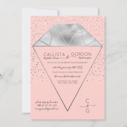 Pink Silver Diamond Confetti Glitter Engagement Invitation