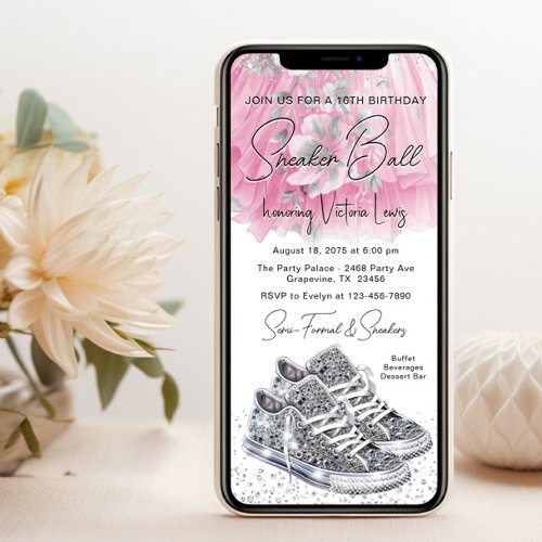 Pink Silver Diamond Sneaker Ball Birthday Phone Invitation