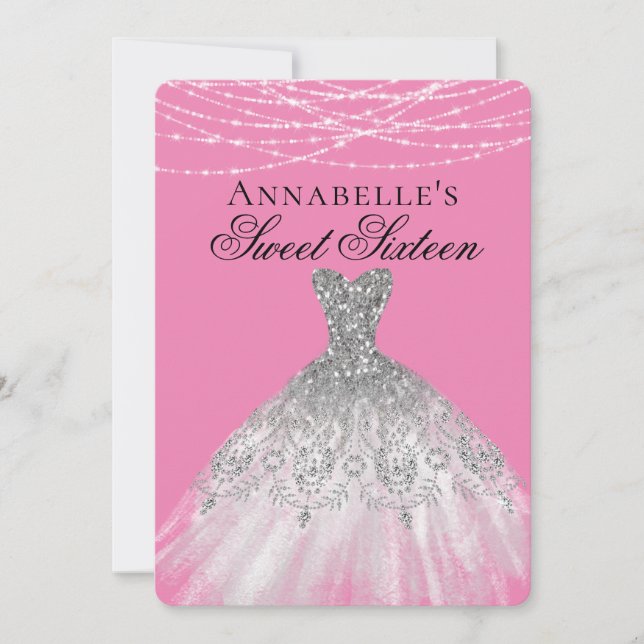 Pink  & Silver Diamond Sparkle Dress Sweet 16 Invitation (Front)