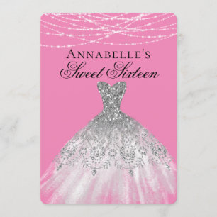 Pink & Silver Diamond Sparkle Dress Sweet 16 Invitation