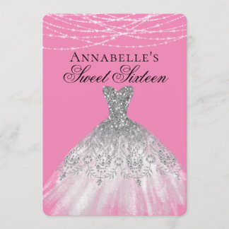Pink & Silver Diamond Sparkle Dress Sweet 16 Invitation