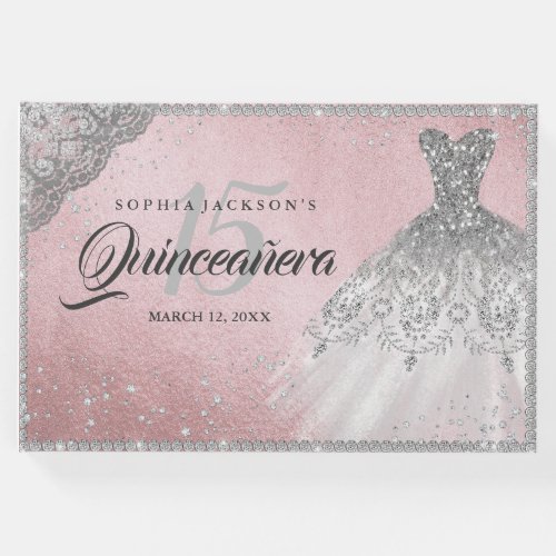 Pink Silver Diamond Sparkle Gown Quinceanera Guest Book