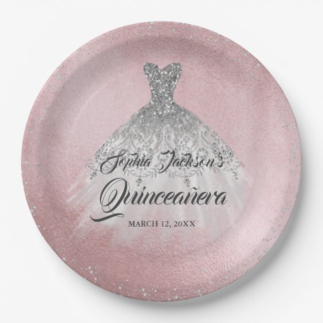 Pink Silver Diamond Sparkle Gown Quinceanera Paper Plates (Front)