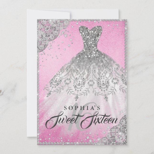 Pink Silver Diamond Sparkle Gown Sweet 16 Invitation (Front)