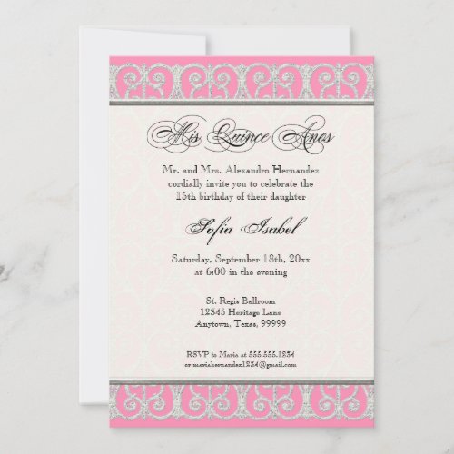 Pink  Silver Diamonds  Lace Mis Quince Anos Invitation