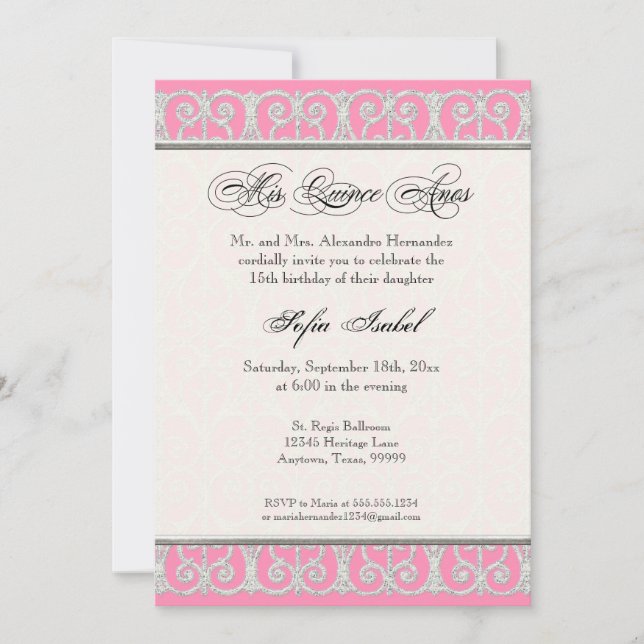 Pink & Silver, Diamonds & Lace, Mis Quince Anos Invitation (Front)