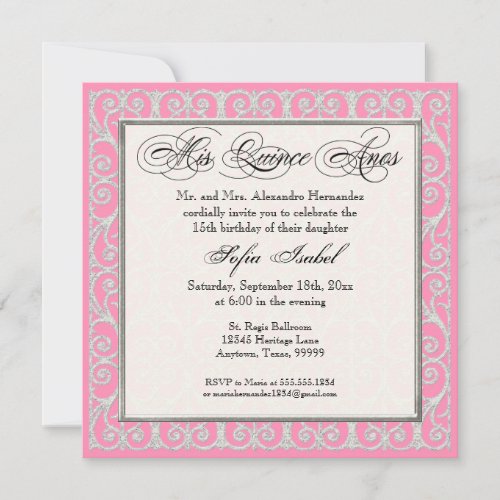 Pink  Silver Diamonds  Lace Mis Quince Anos Invitation