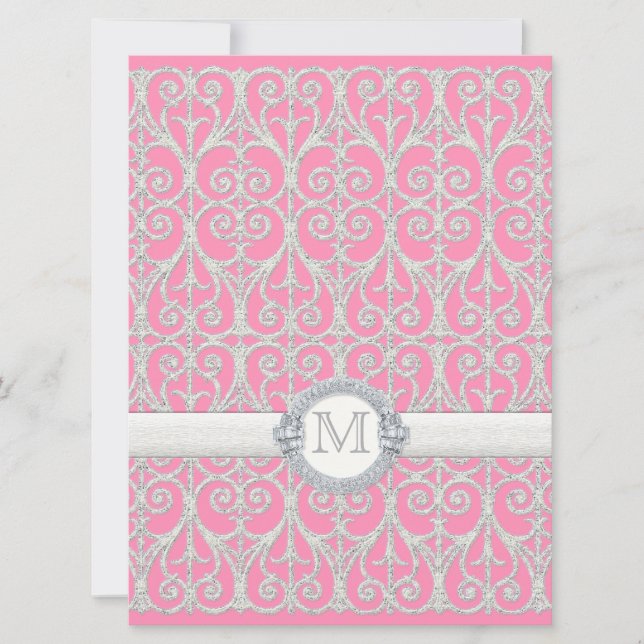 Pink Silver, Diamonds & Lace, Monogrammed Wedding Invitation (Front)