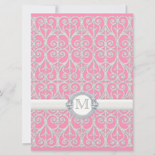 Pink Silver Diamonds  Lace Monogrammed Wedding Invitation