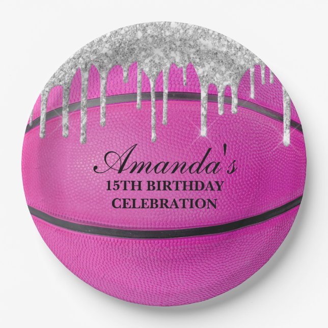 Pink Silver Drip Basketball Paper Plates (Front)