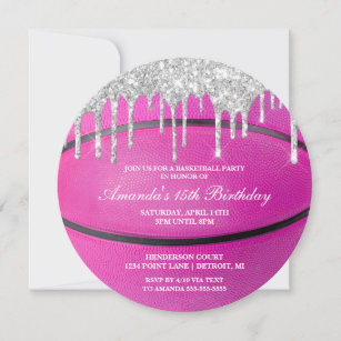 Pink Silver Drip Girls Basketball Invitation