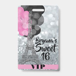 Pink Silver Eiffel Tower Balloons VIP Pass Badge