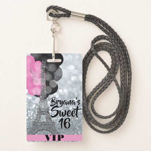 Pink Silver Eiffel Tower Balloons VIP Pass Badge