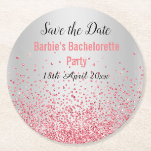 PINK SILVER ELEGANT SAVE THE DATE Bachelorette Round Paper Coaster
