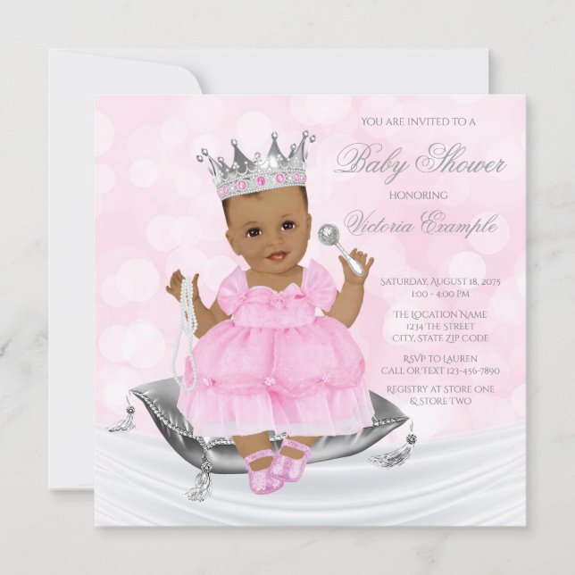 Pink Silver Ethnic Princess Baby Shower Invitation (Front)