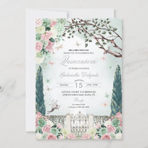 Pink Silver Fairy Enchanted Garden Quinceanera Invitation