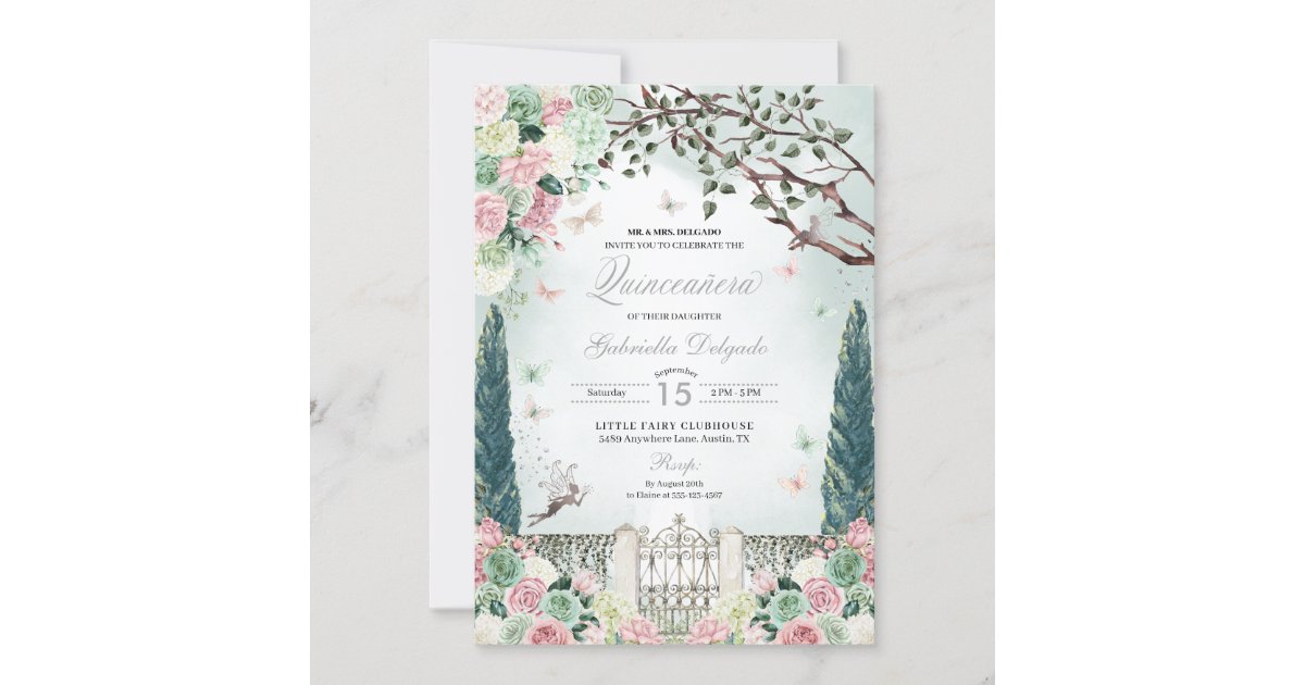 Pink Silver Fairy Enchanted Garden Quinceanera Invitation | Zazzle