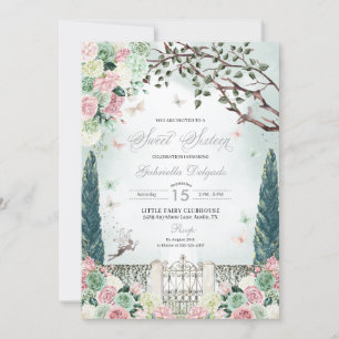 Pink Silver Fairy Enchanted Garden Sweet 16 Invitation