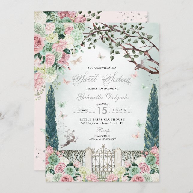 Pink Silver Fairy Enchanted Garden Sweet 16 Invitation (Front/Back)