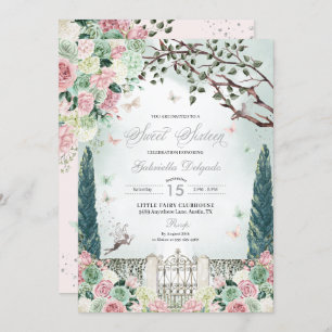 Pink Silver Fairy Enchanted Garden Sweet 16 Invitation