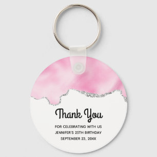 Pink & Silver Faux Glitter Border Stylish Birthday Keychain