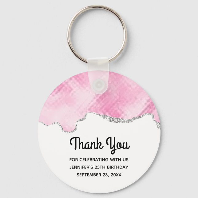 Pink & Silver Faux Glitter Border Stylish Birthday Keychain (Front)