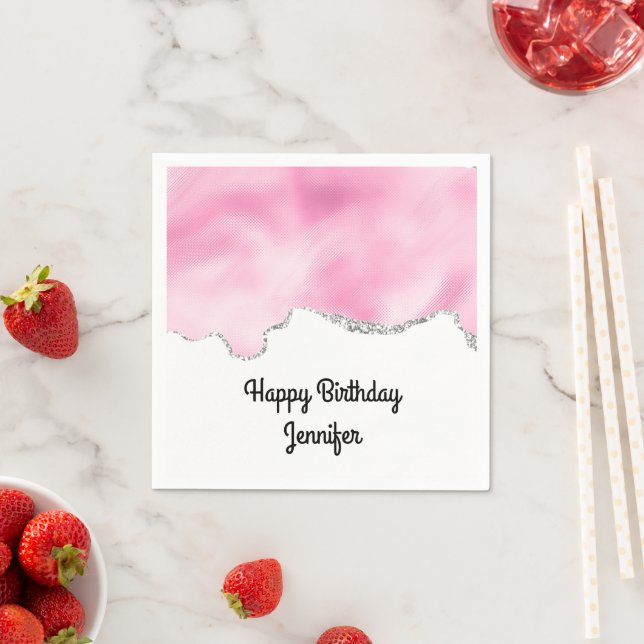 Pink & Silver Faux Glitter Border Stylish Birthday Napkins (Insitu)