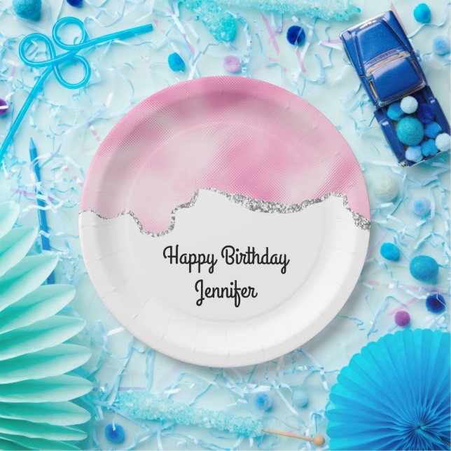 Pink & Silver Faux Glitter Border Stylish Birthday Paper Plates (Party)