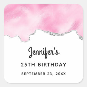 Pink & Silver Faux Glitter Border Stylish Birthday Square Sticker