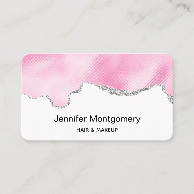 Pink & Silver Faux Glitter Border Stylish Business Card (Front)