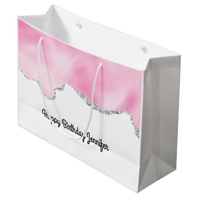 Pink & Silver Faux Glitter Border Stylish Large Gift Bag (Front Angled)