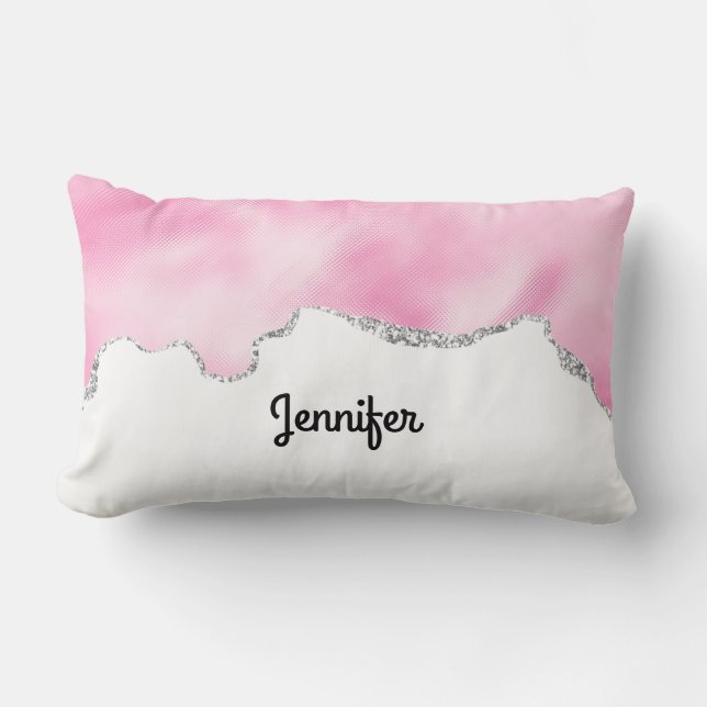 Pink & Silver Faux Glitter Border Stylish Lumbar Pillow (Front)