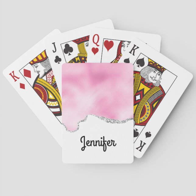 Pink & Silver Faux Glitter Border Stylish Poker Cards (Back)