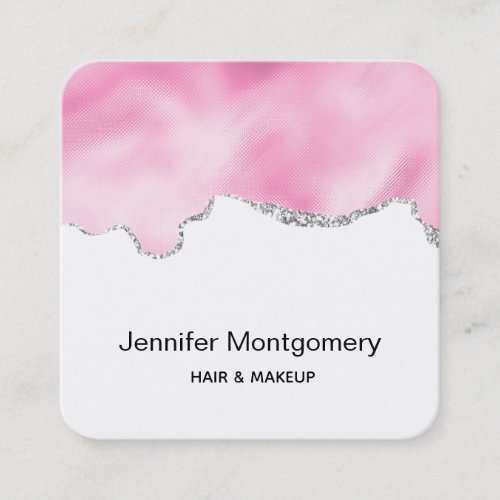 Pink  Silver Faux Glitter Border Stylish Square Business Card