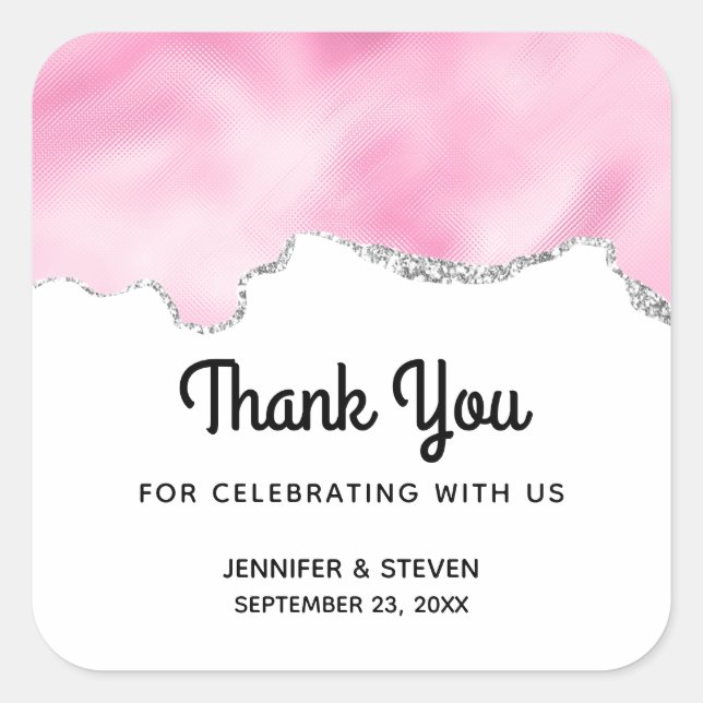 Pink & Silver Faux Glitter Border Stylish Wedding Square Sticker (Front)