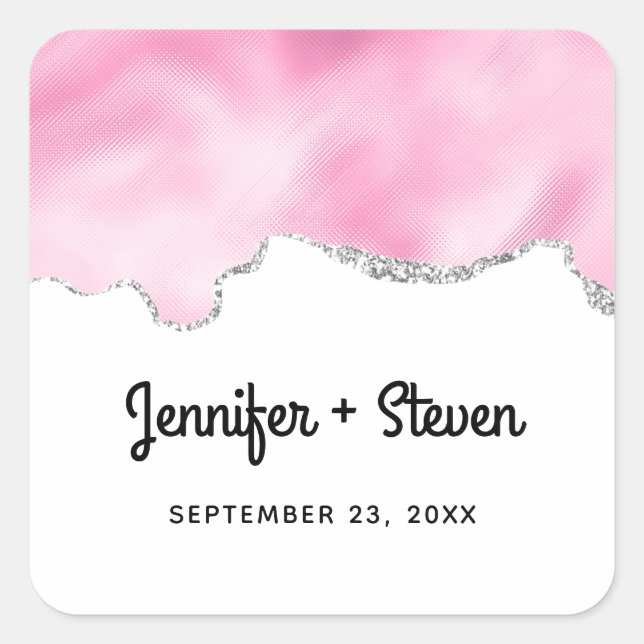 Pink & Silver Faux Glitter Border Stylish Wedding Square Sticker (Front)