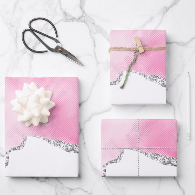Pink & Silver Faux Glitter Border Stylish Wrapping Paper Sheets (Front)