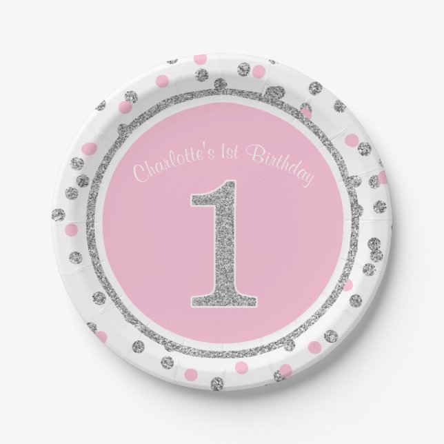 Pink Silver Faux Glitter Confetti 1st Birthday Paper Plates (Front)