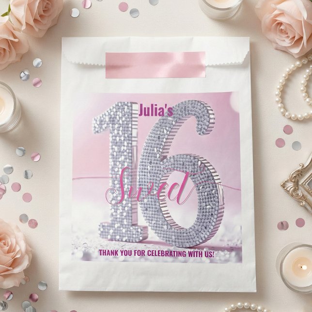 Pink Silver Faux Glitter Diamond Sweet 16 Favor Bag (Creator Uploaded)