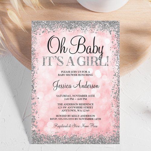 Pink Silver Faux Glitter Lights Girl Baby Shower Invitation