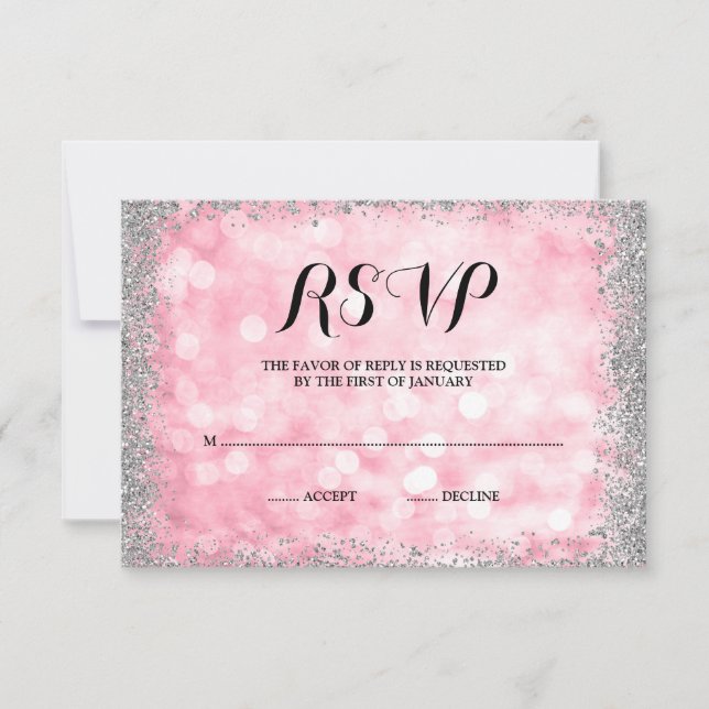 Pink Silver Faux Glitter Lights RSVP Card (Front)