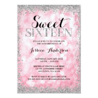 Pink Silver Faux Glitter Lights Sweet 16 Birthday Card