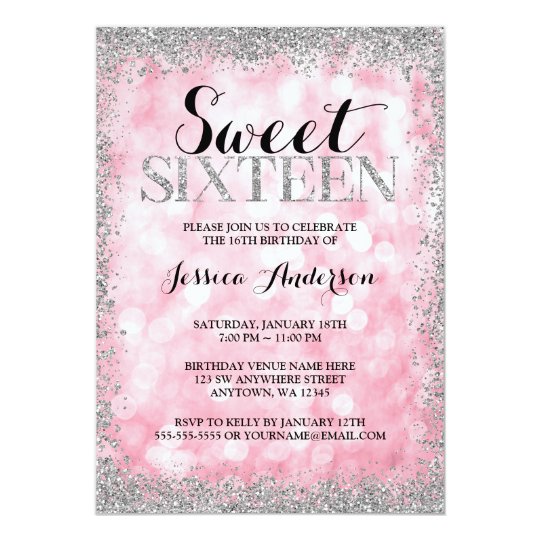 pink silver faux glitter lights sweet 16 birthday invitation