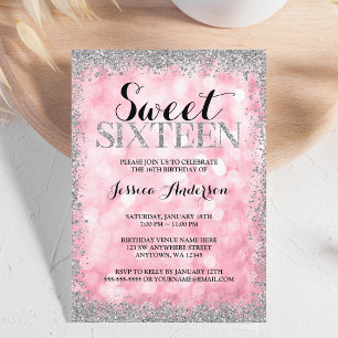 Pink Silver Faux Glitter Lights Sweet 16 Birthday Invitation