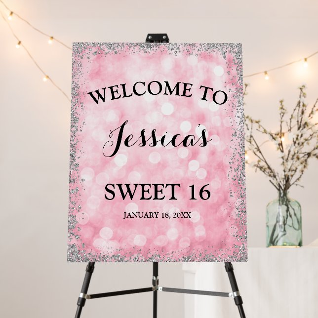 Pink Silver Faux Glitter Lights Sweet 16 Welcome Foam Board (In Situ (Stand))