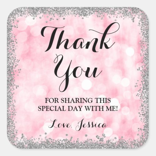Pink Silver Faux Glitter Lights Thank You Square Sticker